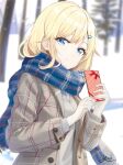  1girl aizawa_ema bangs blonde_hair blue_eyes blue_scarf brown_coat cardigan checkered_clothes checkered_coat checkered_scarf coat gift grey_cardigan hair_between_eyes hair_flaps hair_ornament hairclip highres holding holding_gift long_hair looking_at_viewer open_clothes open_coat outdoors pine_tree scarf sidelocks signature smile snow solo standing stream swept_bangs tree valentine virtual_youtuber vspo! you0330 