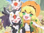  3girls atlantic_puffin_(kemono_friends) bare_shoulders bird_girl bird_wings black_hair black_jacket black_scarf blonde_hair blush bow bowtie candy center_frills closed_eyes fangs food frills gloves green_eyes green_hair green_vest hair_between_eyes hat head_wings jack-o&#039;-lantern_(kemono_friends) jacket kemono_friends kemono_friends_3 long_hair long_sleeves multicolored_hair multiple_girls open_clothes open_jacket open_mouth open_vest orange_bow orange_bowtie pumpkin_hat pumpkin_shorts redhead sarutori scarf shirt short_hair sidelocks smile sweater tufted_puffin_(kemono_friends) vest white_gloves white_hair white_shirt white_sweater wings witch_hat 