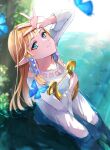  1girl bangs blonde_hair blue_eyes bug butterfly dress harp highres holding holding_instrument instrument long_hair long_sleeves looking_at_viewer partially_submerged pointy_ears princess_zelda seri_(yuukasakura) sidelocks solo the_legend_of_zelda the_legend_of_zelda:_skyward_sword twitter_username water white_dress 