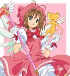  1girl bow brown_hair cardcaptor_sakura female_child gloves green_eyes hair_between_eyes highres holding kero kinomoto_sakura magical_girl pink_headwear red_bow teeth tokoyasinaka white_gloves wings 