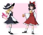  2girls apron ascot bangs black_footwear black_headwear black_skirt black_vest blonde_hair bow braid closed_mouth detached_sleeves full_body giantcavemushroom hair_bow hakurei_reimu hat hat_bow highres kirisame_marisa looking_at_another looking_to_the_side medium_hair multiple_girls red_bow red_skirt ribbon-trimmed_sleeves ribbon_trim side_braid sidelocks single_braid skirt smile socks touhou valentine vest waist_apron white_apron white_bow white_socks wide_sleeves witch_hat yellow_ascot yellow_eyes yuri 