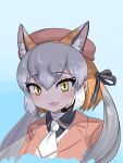  1girl animal_ears aramaru blazer extra_ears fox_ears fox_girl grey_hair hat highres island_fox_(kemono_friends) jacket kemono_friends kemono_friends_v_project long_hair looking_at_viewer microphone multicolored_hair necktie open_mouth orange_hair ribbon shirt simple_background solo twintails two-tone_hair virtual_youtuber yellow_eyes 