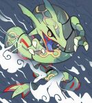  akadako claws clouds cloudy_sky colored_skin commentary commentary_request fangs green_skin looking_at_viewer no_humans open_mouth outdoors pokemon pokemon_(creature) rain rayquaza sky solo storm wind yellow_eyes 