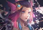  1girl bangs collarbone fins fish_girl flower gradient_background green_eyes hair_ornament highres league_of_legends long_hair nami_(league_of_legends) parted_lips portrait purple_background saikayo solo splendid_staff_nami teeth white_flower 