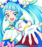  1girl :d ahoge blue_eyes blue_hair bow brooch cape commentary cure10mama cure_sky detached_sleeves earrings fingerless_gloves gloves highres hirogaru_sky!_precure jewelry long_hair magical_girl pink_bow precure puffy_detached_sleeves puffy_sleeves single_earring single_sidelock smile solo sora_harewataru twintails two-sided_cape two-sided_fabric white_gloves wing_brooch wing_hair_ornament 