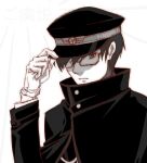  1boy black_theme capelet close-up closed_mouth glasses gloves hand_up hat holding holding_clothes holding_hat kanji long_sleeves looking_at_viewer male_focus military military_hat military_uniform seijuurou_(tenka_hyakken) short_hair sukima_(pixiv12253) tenka_hyakken uniform white_background white_gloves 