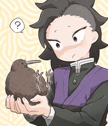  ... 1boy animal bird black_hair cupping_hands demon_slayer_uniform frown head_tilt holding holding_animal kimetsu_no_yaiba kiwi_(bird) long_sleeves looking_at_animal looking_away male_focus medium_hair mohawk own_hands_together purple_vest scar scar_on_face scar_on_nose shinazugawa_genya spoken_ellipsis upper_body vest violet_eyes yellow_background zooooo_co 