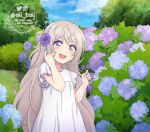  1girl ahoge aii_taii blue_sky bush commentary dress english_commentary flower holding holding_flower light_brown_hair long_hair mole mole_under_mouth multicolored_eyes open_mouth original sky smile solo tree twitter_username very_long_hair violet_eyes watermark white_dress yellow_eyes 