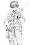  1girl ar-15 backpack bag black_hair bulletproof_vest flannel glowstick gun handgun highres mole original pen_guin15 radio radio_antenna rifle short_hair sketch sleeves_rolled_up solo suppressor watch watch weapon 