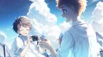  2boys bishounen blonde_hair blue_sky brown_hair buttons camera child closed_eyes clouds collared_shirt food highres holding holding_camera ice_cream koe_(mixpi) male_child male_focus multiple_boys open_mouth original petals school_uniform shirt short_hair sky smile soft_serve sweat 