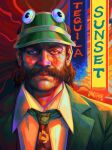  1boy artist_name brown_hair closed_mouth disco_elysium facial_hair formal googly_eyes green_headwear green_suit grungesniper harry_du_bois highres looking_at_viewer male_focus mustache mutton_chops necktie short_hair signature solo straight-on suit upper_body 