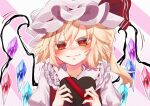  1girl absurdres blonde_hair blush box calpis118 crystal flandre_scarlet frilled_shirt_collar frills gift gift_box hat head_tilt heart heart-shaped_box highres holding holding_gift looking_at_viewer mob_cap nervous red_eyes simple_background solo touhou trembling upper_body valentine wavy_mouth white_background white_headwear wings 