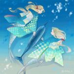  2girls :d air_bubble animal aqua_kimono bangs blonde_hair blue_eyes blue_theme brown_hair bubble chifuji_k dolphin dolphin_girl floating_hair full_body gradient_background gradient_clothes hair_ribbon happy highres japanese_clothes kimono long_hair long_sleeves looking_at_viewer looking_back low-tied_long_hair mermaid monster_girl multiple_girls obi original profile ribbon sash seigaiha sidelocks smile submerged tress_ribbon twitter_username unmoving_pattern very_long_hair wide_sleeves 