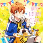  1boy ahoge aki_ma_jiro aoi_yusuke balloon cake confetti fingernails food fork gift hair_between_eyes happy_birthday holding holding_fork hood hoodie idolmaster idolmaster_side-m long_sleeves male_focus one_eye_closed shirt shorts smile star_(symbol) string_of_flags teeth white_hoodie white_shorts yellow_shirt 