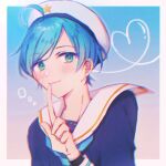  1boy ahoge aqua_hair aqua_neckerchief bangs blue_background blue_hair blue_shirt blurry blush border circle closed_mouth commentary_request ensemble_stars! finger_to_mouth gradient_background green_eyes hat heart heart_of_string index_finger_raised long_sleeves looking_at_viewer male_focus multicolored_background muuta04 neckerchief outside_border sailor_collar sailor_collar_lift sailor_hat shinkai_kanata shirt short_hair sleeve_cuffs solo star_(symbol) swept_bangs upper_body white_border white_sailor_collar 