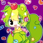 1boy androgynous animal_ears bangs black_eyes blonde_hair candy candy_cane candy_hair_ornament chibi chocolate collared_shirt food-themed_hair_ornament food_themed_hair_ornament fruit green_eyes green_hair green_jacket happy_tree_friends heart heterochromia lollipop nutty_(happy_tree_friends) open_clothes open_jacket open_mouth pac-man_eyes personification purple_background short_hair simple_background sleeves_past_fingers sleeves_past_wrists smile squirrel squirrel_boy squirrel_tail star_(symbol) streaked_hair upper_body upper_teeth xiaogongzhu417 yellow_shirt