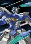  aqua_eyes asaba_naoto battle blade english_commentary funnels_(gundam) glowing glowing_eyes gundam gundam_age gundam_age-fx looking_at_another mecha mobile_suit no_humans robot science_fiction solo space star_(sky) upper_body v-fin weapon 