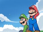  2boys arms_behind_head blue_eyes blue_overalls blue_sky brown_hair closed_eyes clouds facial_hair gloves grass green_headwear green_shirt hat luigi mario multiple_boys mustache outdoors overalls red_headwear red_shirt shirt sitting sky smile standing super_mario_bros. ya_mari_6363 