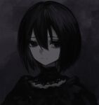  1girl absurdres bangs black_background black_dress black_eyes black_hair bob_cut close-up collar dark dress empty_eyes expressionless eyelashes frilled_collar frills hair_between_eyes highres looking_at_viewer monogatari_(series) oshino_ougi pale_skin portrait puffy_sleeves short_hair sketch solo yamada_maya_(yamdmay) 