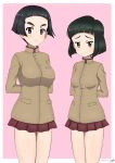  2girls arms_behind_back artist_name bangs black_eyes black_hair blunt_bangs blunt_ends blush bob_cut brown_jacket bukkuri chi-hatan_school_uniform closed_mouth commentary_request commission dated frown girls_und_panzer high_collar jacket long_sleeves looking_at_viewer miniskirt multiple_girls nishihara_yasoko partial_commentary pink_background pixiv_commission pleated_skirt red_skirt school_uniform short_hair signature simple_background skirt smile standing uenishi_chiyoko 