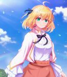  1girl absurdres ahoge anisphia_wynn_palettia ascot bangs black_ribbon blonde_hair blue_sky breasts clouds commentary_request day dutch_angle frilled_sleeves frills green_eyes hair_between_eyes hair_ribbon highres jacket light_blush long_sleeves looking_at_viewer medium_breasts muni_ko neck_ribbon outdoors petals pink_skirt ribbon shirt short_hair skirt sky smile solo tensei_oujo_to_tensai_reijou_no_mahou_kakumei white_jacket 