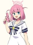  1girl 1other :d blue_archive blue_eyes bocchi_the_rock! gotou_futari gotou_hitori gun halo highres hinghoi holding holding_gun holding_weapon looking_at_viewer pink_hair short_hair smile solo standing weapon 