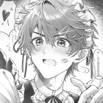  1boy bishounen crossdressing greyscale heart highres lipstick_mark long_sleeves looking_at_viewer luke_pearce_(tears_of_themis) maid maid_headdress male_focus monochrome open_mouth short_hair solo tears_of_themis weibo_5580467845 