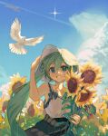  1girl absurdres aqua_eyes aqua_hair bangs bare_arms bare_shoulders bird black_skirt blue_ribbon blue_sky camisole chinese_commentary clouds collarbone commentary_request coumibuzzbuzz day dove field flower flower_field green_hair grin hair_between_eyes hand_on_headwear hat hatsune_miku highres holding holding_flower light_particles long_hair long_skirt outdoors pleated_skirt ribbon shirt skirt sky sleeveless sleeveless_shirt smile solo star_(sky) sun_hat sunflower twintails very_long_hair vocaloid white_camisole white_dove white_headwear 