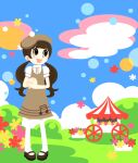  1girl beret blush brown_footwear clouds dress flower hat illustrator mary_janes musical_note musical_note_print open_mouth own_hands_clasped own_hands_together pantyhose pink_flower pop&#039;n_music puffy_short_sleeves puffy_sleeves red_flower sanae-chan shio_(orange_lounge) shirt shoes short_sleeves smile twintails wagon white_pantyhose white_shirt yellow_flower 