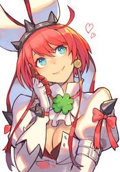  1girl bangs blue_eyes breasts clover dress elphelt_valentine gloves guilty_gear hair_between_eyes hand_on_own_cheek hand_on_own_face hankuri hat head_tilt heart large_breasts looking_up portrait redhead short_hair sidelocks smile solo spikes white_dress white_gloves white_headwear 