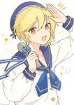  1boy absurdres androgynous blonde_hair blue_sailor_collar ensemble_stars! hat highres looking_at_viewer male_focus microphone nito_nazuna open_mouth red_eyes sailor_collar sailor_hat shirt smile solo white_background white_shirt yamanaka_hituzi 