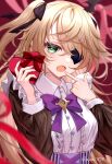 1girl ajino_(ajtm_7878) bangs bat_ornament black_ribbon blonde_hair blush bow bowtie box breasts buttons dress eyepatch fischl_(genshin_impact) frills genshin_impact gift green_eyes hair_over_one_eye hair_ribbon happy_valentine heart heart-shaped_box heart_button highres long_hair long_sleeves looking_at_viewer maid medium_breasts open_mouth purple_bow purple_bowtie red_ribbon ribbon solo twintails two_side_up valentine