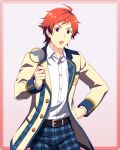  1boy ahoge belt breast_pocket buttons collared_shirt facial_hair fingernails goatee holding holding_magnifying_glass idolmaster idolmaster_side-m idolmaster_side-m_growing_stars long_sleeves magnifying_glass male_focus official_art pocket red_eyes redhead shirt simple_background solo tendo_teru upper_body white_shirt 