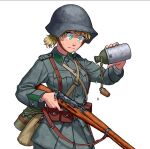  1girl blonde_hair canteen commission green_eyes gun helmet k31 load_bearing_equipment mess_kit military military_helmet military_uniform original ostwindprojekt rifle sweatdrop uniform water_drop weapon 