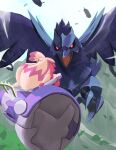  absurdres bird black_sclera bright_pupils colored_sclera commentary_request corviknight day feathers hammer highres holding holding_hammer jira_(ziraiya26) no_humans open_mouth outdoors pokemon pokemon_(creature) red_eyes talons tinkaton white_pupils 
