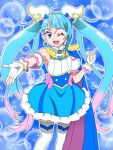  1girl ahoge bangs blue_eyes blue_hair bow cure_sky detached_sleeves earrings fingerless_gloves gloves hirogaru_sky!_precure jewelry long_hair magical_girl one_eye_closed onomekaman open_mouth precure puffy_sleeves single_sidelock skirt smile sora_harewataru twintails very_long_hair white_gloves wing_hair_ornament 