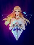  1girl blonde_hair blush bracelet flower green_eyes holding holding_sword holding_weapon jewelry long_hair looking_at_viewer necklace pointy_ears princess_zelda sword the_legend_of_zelda tholia_bentz upper_body weapon 