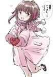  alternate_costume black_hair box brown_eyes coat commentary_request feet_out_of_frame fuji_(pixiv24804665) heart-shaped_box highres kantai_collection pantyhose pink_scarf plaid plaid_scarf scarf short_hair short_hair_with_long_locks simple_background translation_request ukuru_(kancolle) white_background white_coat white_pantyhose 