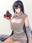  1girl alternate_costume bangs black_hair breasts chocolate closed_mouth detached_sleeves gorilla grey_sweater hair_between_eyes heart highres holding kantai_collection kasumi_(skchkko) large_breasts long_hair looking_at_viewer nagato_(kancolle) red_eyes ribbed_sweater smile solo sweater 