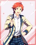  1boy ahoge belt breast_pocket collared_shirt holding holding_magnifying_glass idolmaster idolmaster_side-m idolmaster_side-m_growing_stars long_sleeves magnifying_glass male_focus official_art open_mouth pocket red_eyes redhead shirt simple_background solo teeth tendo_teru upper_teeth_only white_shirt 