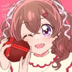  1girl brown_hair candy chocolate delicious_party_precure food hair_ornament hair_ribbon hairclip heart heart-shaped_chocolate heart_hair_ornament highres long_hair nagomi_yui one_eye_closed open_mouth precure ribbon smile solo valentine violet_eyes wavy_hair yufu_kyouko 
