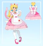  1girl absurdres alternate_costume animal_ears apron blonde_hair blue_eyes cat cat_ears cat_girl dress earrings gloves highres jewelry long_hair maid maid_apron maid_headdress pink_dress princess_peach riz solo super_mario_bros. thick_lips white_gloves 