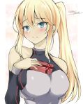  1girl bismarck_(kancolle) blonde_hair blue_eyes blush breasts chocolate dated embarrassed gakky hair_between_eyes kantai_collection large_breasts long_hair looking_at_viewer ponytail solo twitter_username upper_body white_background 