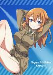  1girl aohashi_ame arms_behind_head birthday blue_eyes blush breasts charlotte_e._yeager contrail green_necktie grin happy_birthday highres large_breasts long_hair looking_at_viewer military military_uniform necktie orange_hair shiny_skin sky smile solo strike_witches uniform world_witches_series 