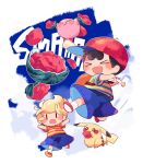  &gt;_&lt; 2boys :d ^_^ arms_up backpack bag baseball_bat baseball_cap black_hair blonde_hair blue_shirt blue_shorts blue_sky blush closed_eyes closed_mouth clouds commentary_request day ears_down eating food fruit full_body hat hitofutarai holding holding_baseball_bat holding_food kirby kirby_(series) lucas_(mother_3) male_focus mother_(game) mother_2 mother_3 multicolored_clothes multiple_boys ness_(mother_2) open_mouth pikachu pokemon pokemon_(creature) quiff red_eyes red_footwear red_headwear shirt shoes short_hair short_sleeves shorts sideways_hat simple_background sky smile socks solid_oval_eyes striped striped_shirt super_smash_bros. t-shirt two-tone_shirt watermelon white_background white_socks yellow_shirt 