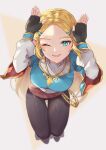  1girl bangs blonde_hair blush braid breasts crown_braid fingerless_gloves gloves green_eyes hair_ornament hairclip highres jewelry long_sleeves looking_at_viewer one_eye_closed parted_bangs pointy_ears princess_zelda seri_(yuukasakura) shirt short_hair smile solo the_legend_of_zelda the_legend_of_zelda:_breath_of_the_wild 