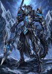  armor black_armor blue_eyes clouds day fantasy full_body furry gauntlets helmet highres holding holding_polearm holding_weapon keselum_(neganeura) mountain original outdoors polearm standing tail weapon 