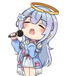  1girl bangs blue_jacket blush_stickers closed_eyes copyright_request dress facing_viewer feathered_wings flower grey_hair hair_between_eyes hair_flower hair_ornament halo hands_up highres holding holding_microphone jacket long_hair long_sleeves low_wings microphone off_shoulder open_clothes open_jacket open_mouth puffy_long_sleeves puffy_sleeves rutorifuki simple_background sleeveless sleeveless_dress sleeves_past_wrists solo standing very_long_hair virtual_youtuber white_background white_dress white_flower white_wings wings 