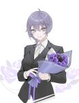  1girl alternate_costume azur_lane bangs bellona_(azur_lane) black_suit bouquet breasts business_suit collared_shirt formal grey_eyes grey_hair hair_between_eyes highres holding holding_bouquet large_breasts long_sleeves looking_at_viewer necktie ohisashiburi parted_lips shirt short_hair sidelocks simple_background smile solo suit suit_jacket upper_body white_background white_necktie white_shirt 