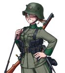  1girl bayonet brown_eyes brown_hair freckles grin gun gun_on_back helmet ireland leg_up load_bearing_equipment military military_helmet military_uniform one_eye_closed original ostwindprojekt rifle simple_background smile uniform weapon weapon_on_back 